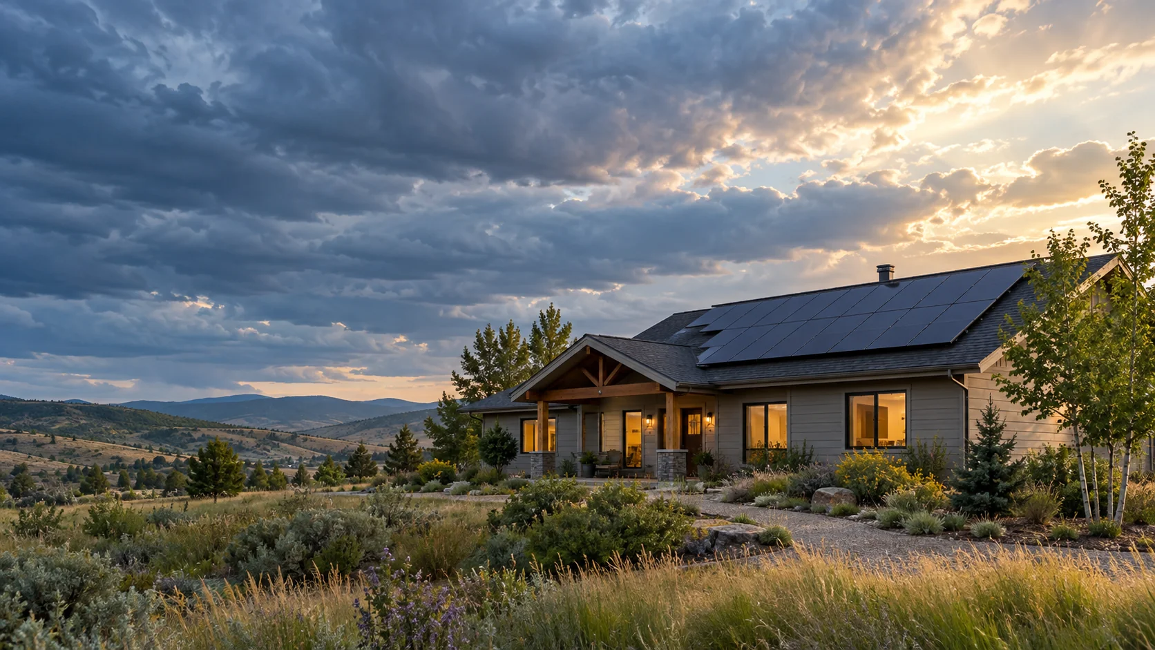 A solar home in daylight as a bank of clouds approaches, with brighter sky beyond